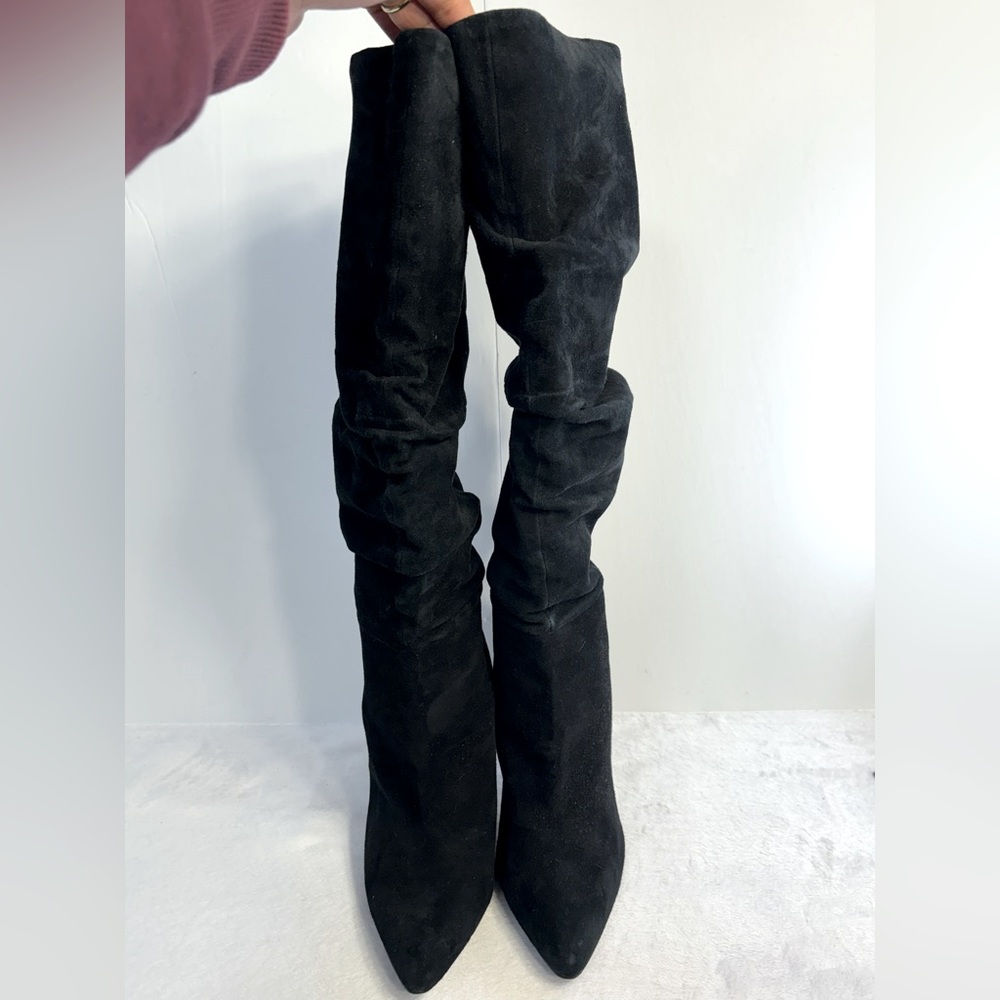 Steve Madden Black Suede Ruched Knee High Boots - Picture 3 of 13